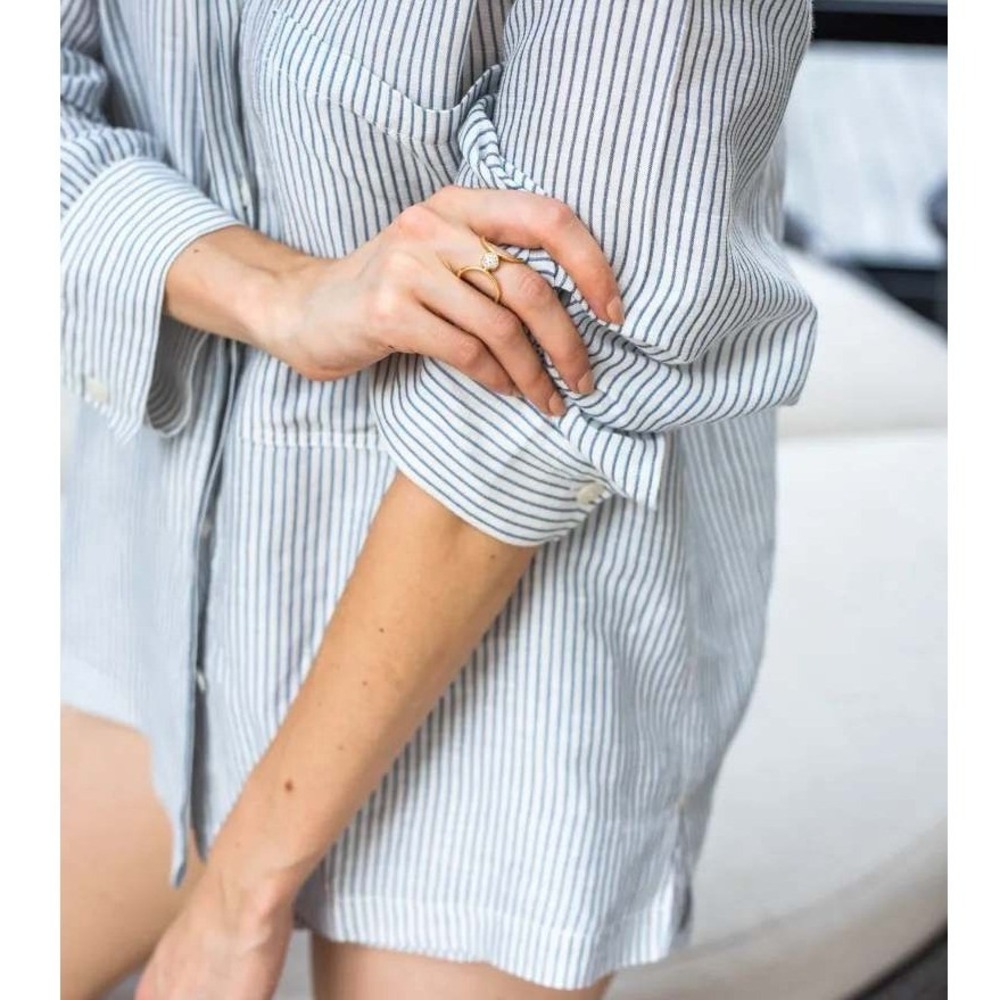 Lunya Blue Striped Resort Linen Silk Shirt Mockneck Button Down Size XL - Picture 2 of 12